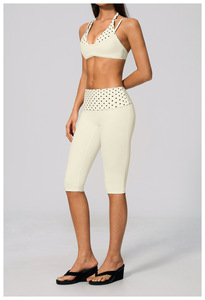 Women's Casual Striped Strapless Short Two Piece Sports Set Sleeveless Halter <b>Crop</b> High Waist Capri <b>Leggings</b> Breathable - Product Image 2