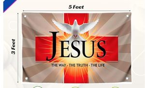 لافتة مسيحية مخصصة من البوليستر مقاس 3×5 قدم، مطبوعة على وجه واحد، تحمل عبارة 'طريق يسوع، الحياة، الصليب' مع رمز الحمامة، لتزيين الجدران، مع 4 عراوي نحاسية للحدائق - Product Image 2