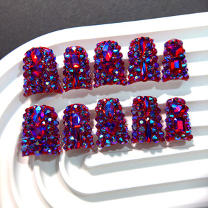 10 <span class=keywords><strong>Uñas</strong></span> Postizas de Cristal <span class=keywords><strong>Rojo</strong></span> con Pedrería, Hechas a Mano, Reutilizables, Acrílicas, con Diseño de Cobertura Completa, Forma de Bailarina y Ataúd - Product Image 2