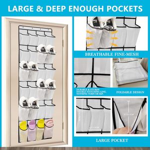 Over The Door Shoe Organizer 24 Pockets White Mesh Hanging Storage For Shoes Behind Doors On <b>Walls</b> <b>Hook</b> Type - Product Image 5