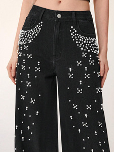 Jeans da Donna a Gamba Larga con Perle e Strass, Vita Alta, Stile Y2K, Vestibilità Ampia e Trendy - Product Image 5