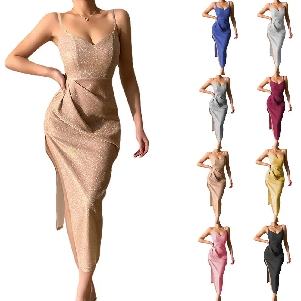 女性の新しい光沢のあるセクシーなディープVサスペンダードレスウエスタンスリット気質ロングスカートドレス