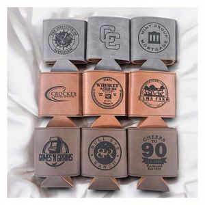 Manchons isothermes pour canettes en similicuir avec gravure de logo personnalisée, porte-canettes en cuir PU pour petites entreprises - Product Image 1