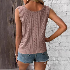 H26422 OEM&ODM Gilet tricoté printemps-été col en V uni torsadé décontracté pour femme - Product Image 3
