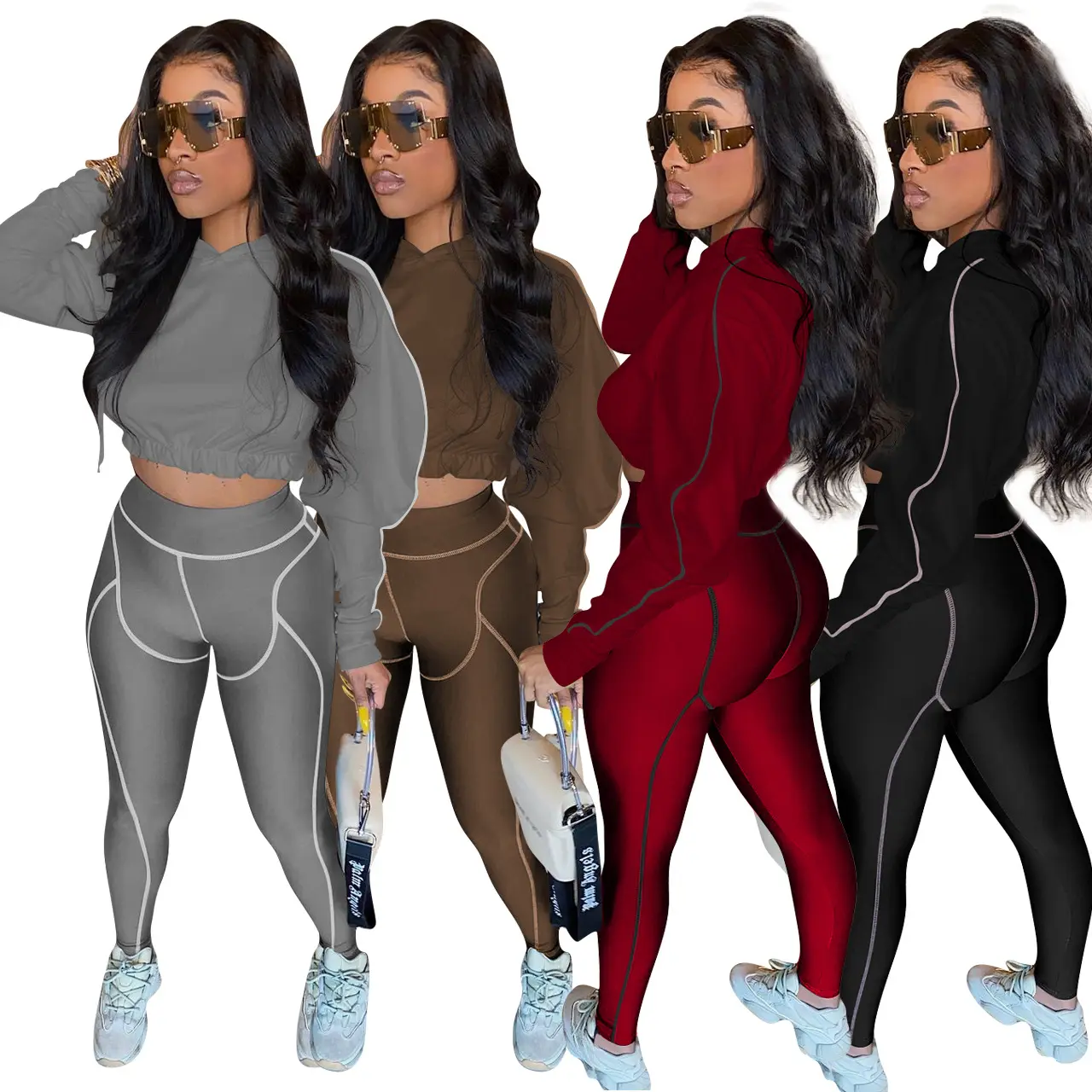 Tight Fitness Pant Set Fall 2 Piece Set Crop Top Solid Tracksuits Sweater Autumn Winter Women Clothing