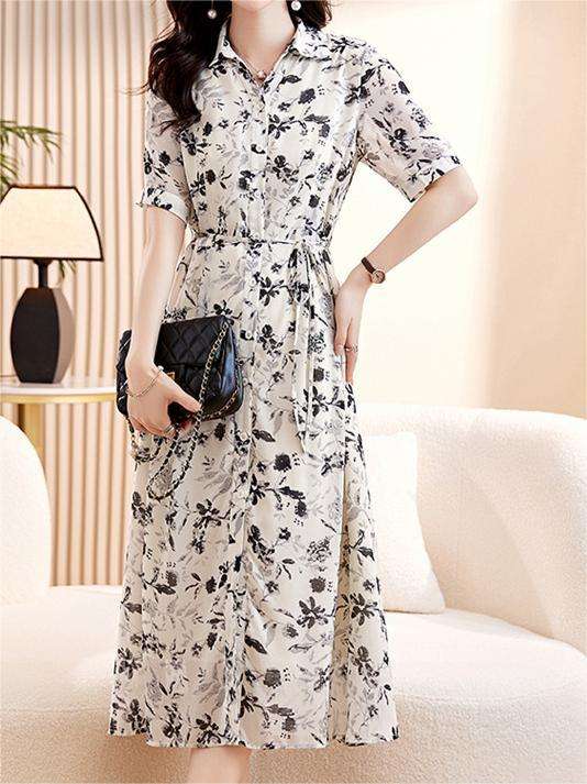 Autumn Hot Selling Temperament Floral Slimming Lace-up Fashion Mid-length  Shirt A-line Tall Ladies Casual Holiday Dress