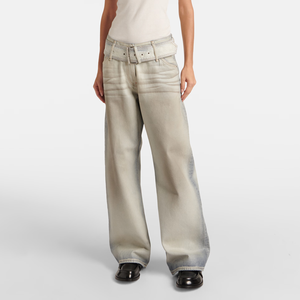 Jeans da donna personalizzati a gamba larga <span class=keywords><strong>con</strong></span> lavaggio effetto sporco e <span class=keywords><strong>cintura</strong></span> larga, vestibilità ampia, in denim bianco, all'ingrosso dalla fabbrica, stile streetwear Y2K 2026 - Product Image 1
