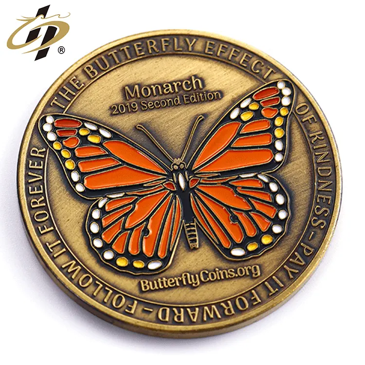 프로모션 사용자 정의 기념품 동전 골동품 황동 금속 도전 동전 자신의 로고 나비 저렴한 골드 실버 동전 디자인