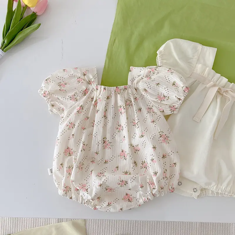 Baby Floral Romper 0-2 Years Old Summer Girl Baby Western Style Puff Sleeve One Piece Newborn