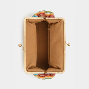Bolso de mano a rayas de paja para mujer, con forma de marco, correa única, estilo bohemio, cierre de broche, para uso diario - Product Image 4