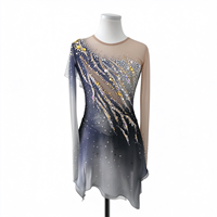 Robe de patinage et de danse pour enfants et adultes, gris et noir dégradé, en maille à manches longues, avec strass et sequins au dos, pour compétition et spectacle de patinage sur glace