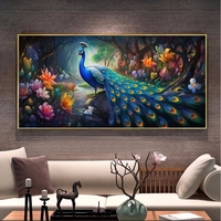 Peinture murale LED décorative pour salon, motif paon bleu moderne en porcelaine cristalline, vente en gros sur mesure