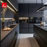 Meubles de cuisine contemporains de style ouvert, en placage de bois cannelé foncé, panneaux mats noirs avec quincaillerie dorée