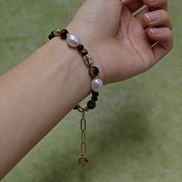 Bracelet en œil de tigre et perles d'eau douce baroques - Longueur réglable, bijoux vintage bohèmes