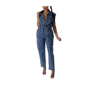 Wholesale New Casual Stretch Washed Sleeveless Denim Straight Wide-legged <b>Pants</b> Women Jumpsuit Fashion - Product Image 1