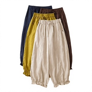 Pantalones Bombachos de Lino y Algodón para Mujer, con Volantes en el Bajo, Pierna Ancha, Cintura Elástica, Ropa Casual de Verano para Estar en Casa - Product Image 3