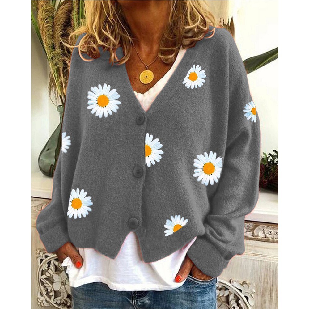 Autumn new knit single breasted long sleeve v neck chrysanthemum embroidery cardigan sweater for woman
