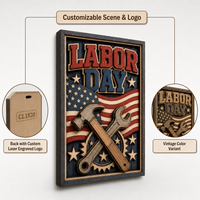 Art mural pour la fête du travail, 5x7 pouces |   Drapeau 3D en contreplaqué peuplier multicouche motif marteau et clé |   CPSC |   Décoration patriotique pour bureau, décoration en bois