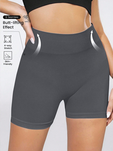 Shorts de sport élastiques taille haute pour femmes avec effet push-up, couleur unie, en stock pour l'entraînement et la gym - Product Image 3