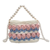 Tas Organizer Rajut Lucu dengan Pegangan Mutiara Desain Bunga Tenun Hiasan Tas Selempang