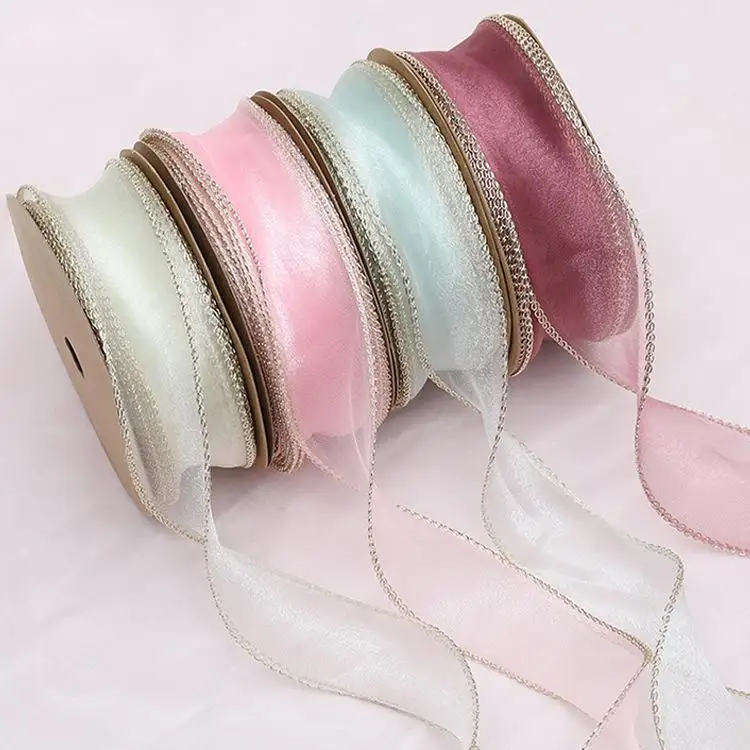 Korean Style Thin Transparent Gauze Ribbon with Golden Line in Edge for Flower Bouquet Wrapping