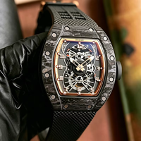 Montre mécanique automatique pour homme avec boîtier en fibre de carbone, cadran squelette, lunette en or rose, bracelet en fibre de carbone, montre de sport de luxe pour homme