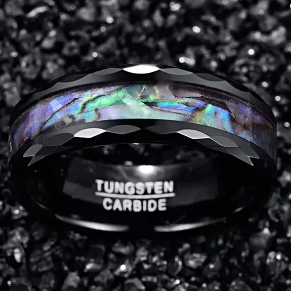 Anelli di gioielli di moda personalizzati intarsio nero placcato in abalone guscio di carburo di tungsteno da uomo anelli