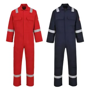 FR fermuar FR yansıtıcı bant üçlü dikiş iş giyim yangın geciktirici iş elbisesi % 100% pamuk dimi EN11612 FR tulumlar