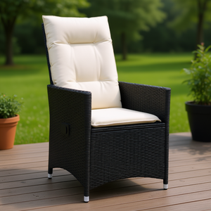 Silla de Jardín Reclinable de Ratán Negro con Cojín, Muebles de Exterior Contemporáneos - Product Image 2