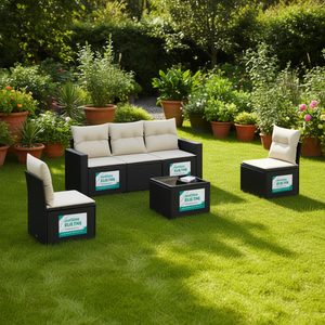 Conjunto de Sofá de Jardín Negro, Muebles de Ratán para Exteriores con Cojines Impermeables, Diseño Contemporáneo para Patio, Terraza, Balcón - Product Image 2