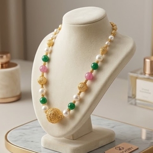 Collier Mala en argent 925 antique avec perles roses et vertes et accents de perles, bijoux ethniques traditionnels pour femmes - Product Image 2
