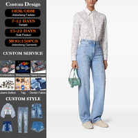 Jeans en denim bleu clair vintage respirant taille haute pour femme, style streetwear sexy, avec boutons personnalisés en strass, OEM/ODM