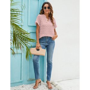 Blusa de gasa para mujer, manga corta, cuello en V, con pompones, camisa informal para el trabajo - Product Image 4