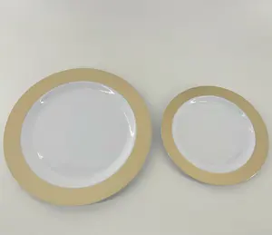 Plato de plástico desechable blanco con borde dorado para fiesta y picnic, suministro de fábrica, venta al por mayor