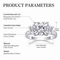 Bague de fiançailles en moissanite pour femme, en argent S925, 3 carats, taille coussin, à quatre griffes, avec trois pierres en CZ taille baguette, vente en gros