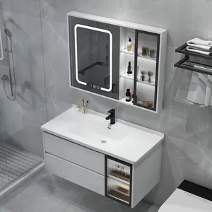 Meuble-lavabo mural moderne gris/blanc avec vasque simple, miroir LED tactile étanche et éclairé, nouveau design, pour salles de bain simples - Product Image 4