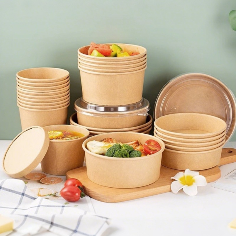 Paper Plates & Bowls Customized Paper Bowl Kraft Paper Salad Bowl for Takeaway Food, Salad, Soup & Daily Catering Use