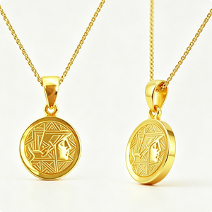 Pendentif circulaire plaqué or sur le thème de la pyramide avec collier médaillon à motif en relief - Product Image 5