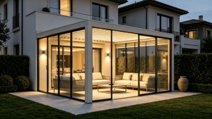 Pergola moderne en aluminium de qualité supérieure RKOVE RK-C1 avec portes coulissantes en verre entièrement fermées et toit à lamelles pour patio et villa - Product Image 2