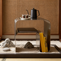 Table basse moderne minimaliste en acier inoxydable argenté avec rangement pour salon et usage domestique