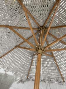 Venta al por mayor de lujo de cuerda tejida a mano sombrilla de sol Boho poste de madera ganchillo algodón borla <span class=keywords><strong>Patio</strong></span> playa sombrilla con flecos - Product Image 5