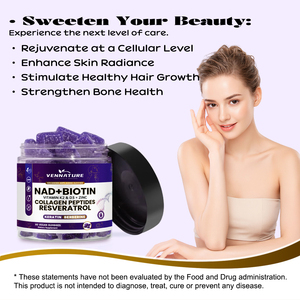 ויטמינים גומי של Vennature עם NAD+, רסברטרול, ברברין, ביוטין, קולגן, קרטין, אבץ, ויטמין K2 ו-D3, תוספי תזונה לשיער, עור וציפורניים. - Product Image 5