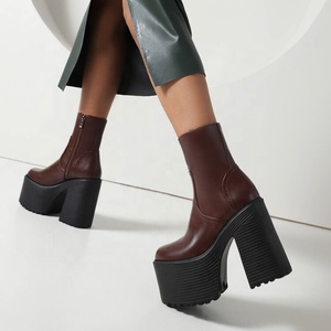 Side Zipper Women Thick Sole Short Boots <b>Block</b> Medium Heels Shoes Round Toe High Platform US Size 11 Pumps - Product Image 6