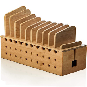 Boîte de rangement pour chargeur en bambou, organisateur de câbles multifonctionnel, support pour appareils électroniques de bureau - Product Image 5