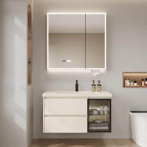 New white bathroom vanity hanging counter with LED mirror cabinet and soft closing storage drawers - Product Image 2