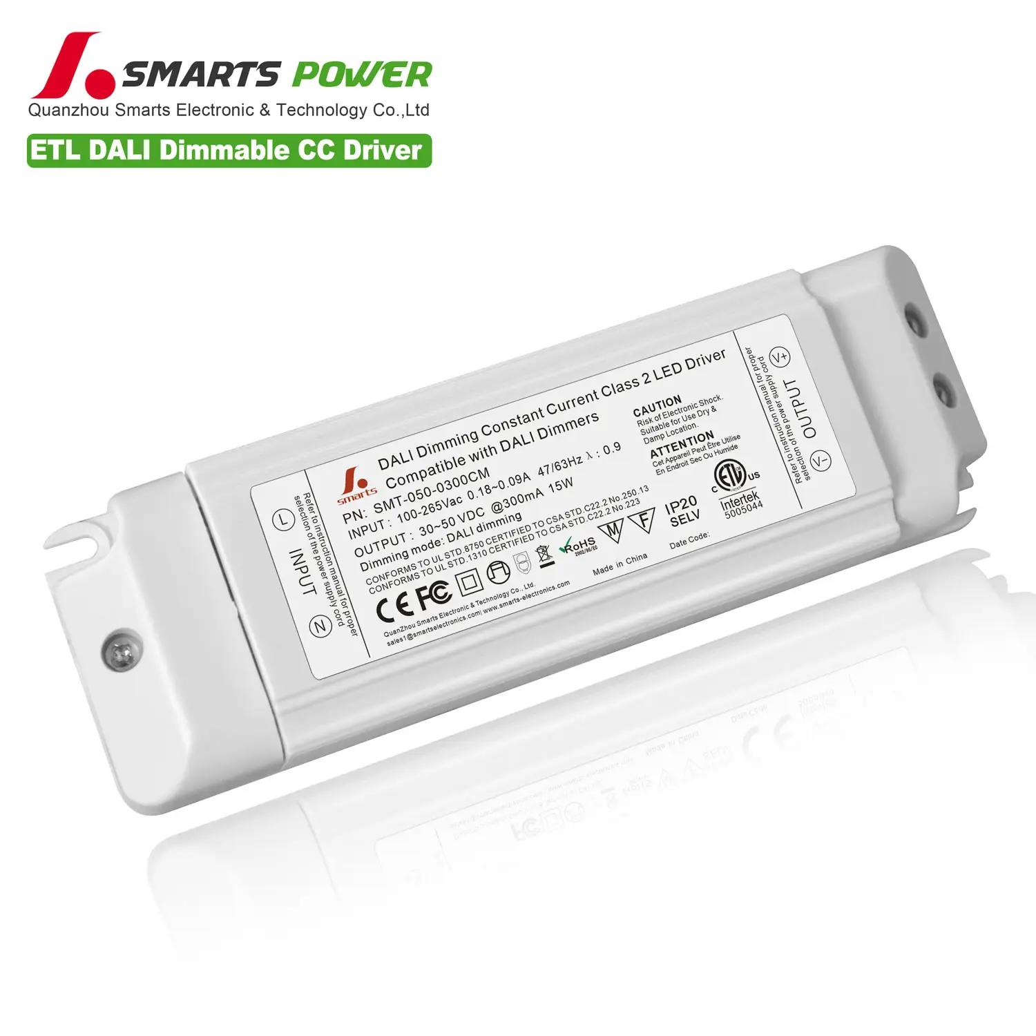 ETL FCC listed dali push dimmable led driver 15w flicker free 300ma constant current led power supply