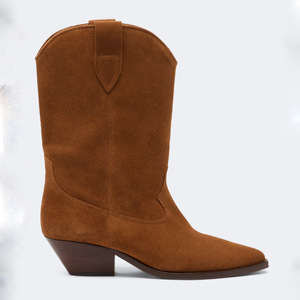 Stivaletti da Donna in Stile Retrò Vintage in Pelle Scamosciata, Stivali Corti Texani alla Moda con Tacco a <span class=keywords><strong>Zeppa</strong></span> Quadrato e Punta Sfilata - Product Image 5