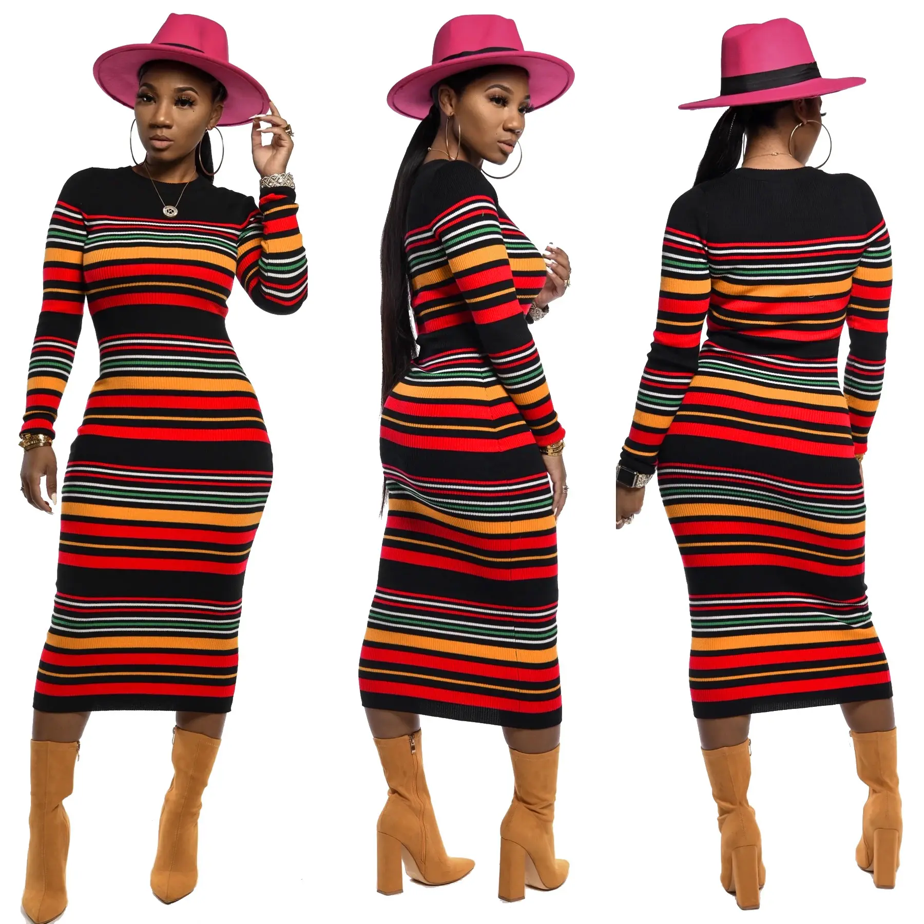 New Fashion Ladies Color Striped Printed Hole Tight Sexy Striped Long Sleeve Dress