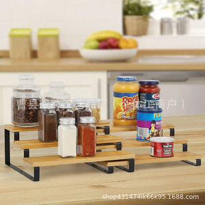 Wooden tiered spice rack, extendable <b>desktop</b> <b>shelf</b>, kitchen and bathroom metal storage rack - Product Image 1