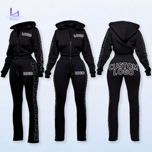 हुइली ओएम फ्रेंच टेरी ज़िप अप जैकेट और पैंट कस्टम लोगो ठोस रंग लाउजेवियर आउटगोइंग दो टुकड़े महिला ब्लैक हूडी सेट - Product Image 3